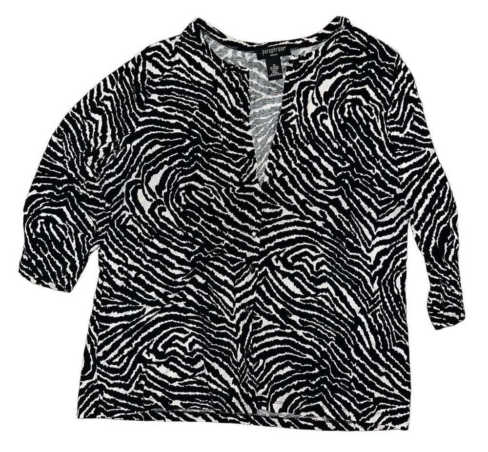 Paraphrase Woman Zebra Print 3/4 Sleeve Button V-Neck Top Size 1X